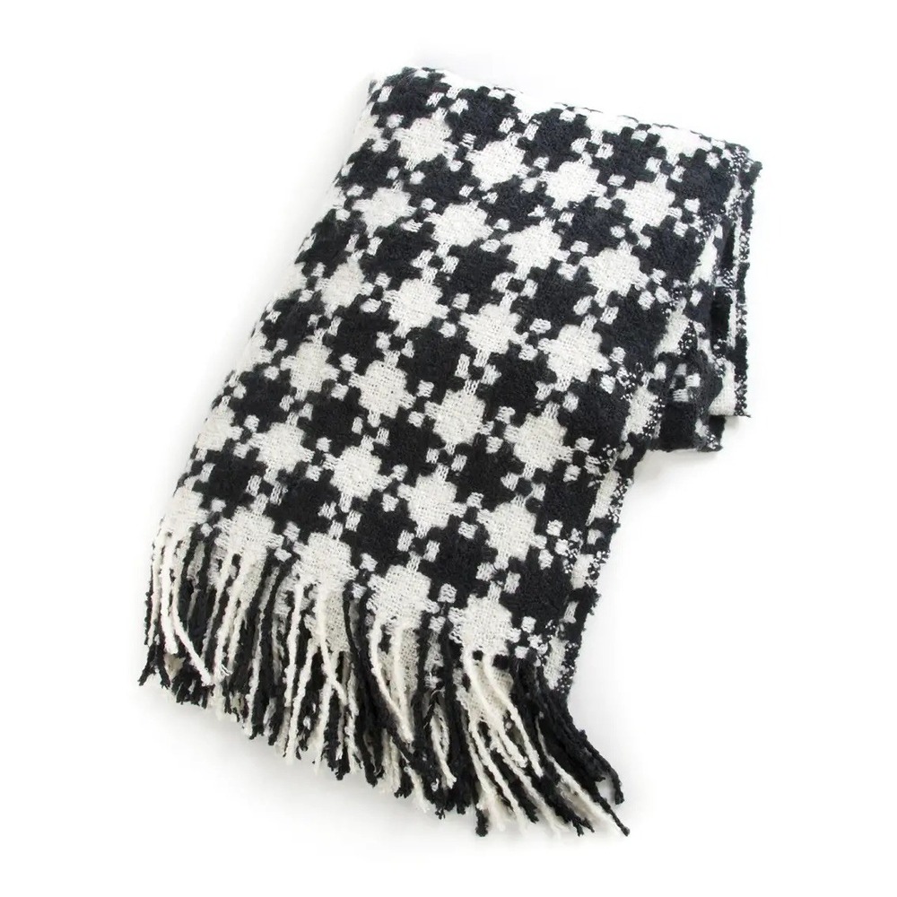 MacKenzie Childs Houndstooth Throw Blanket Fringe Black Ivory‎ 51"x67" Classic